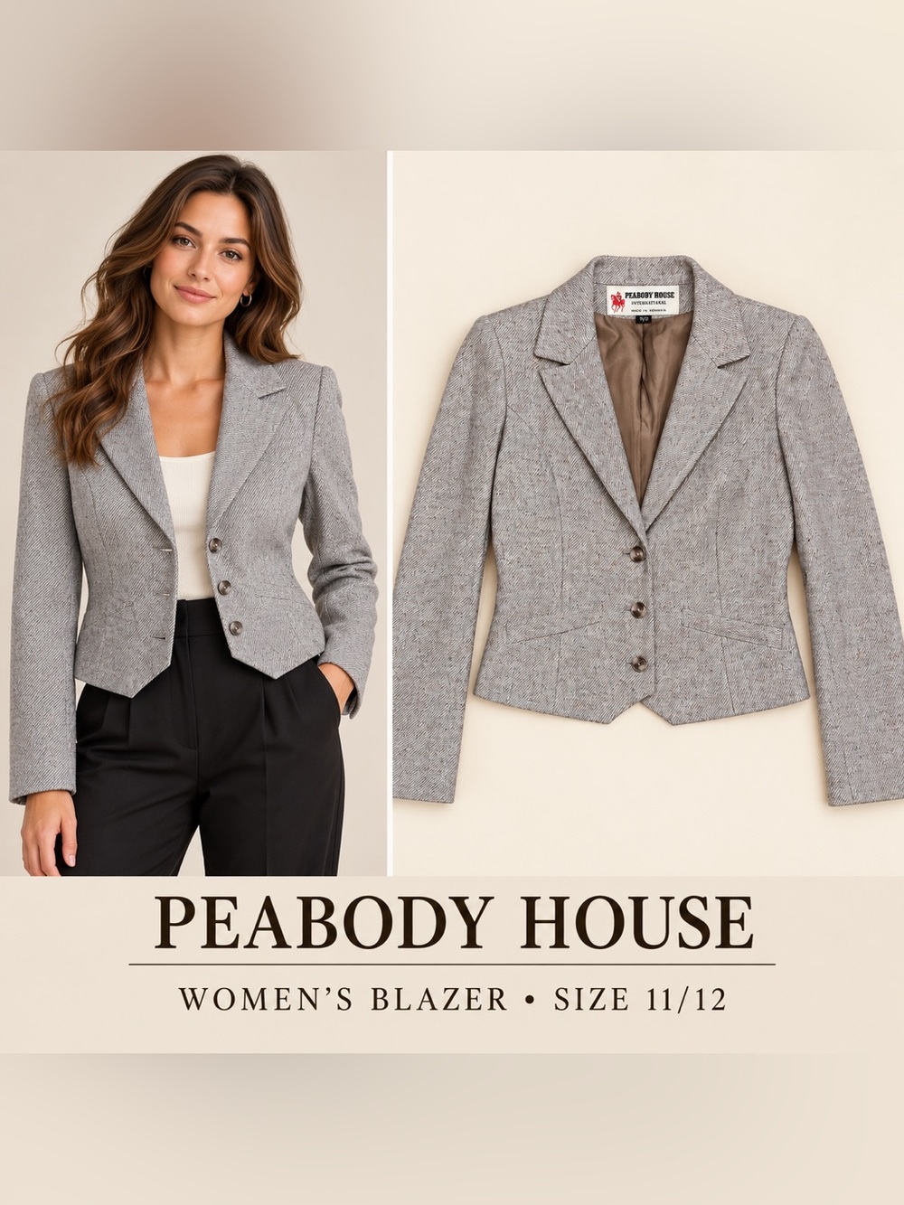 Peabody House Women's Gray Tweed Notch-Lapel Blazer Size 11/12 Vintage
